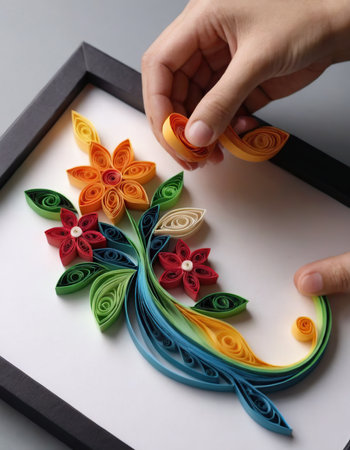 Handcraft of colorful paper flowers in a black frame on gray backgroundの素材