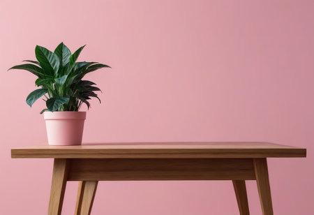 Wooden table with plant on pink wall background. Minimal style.の素材