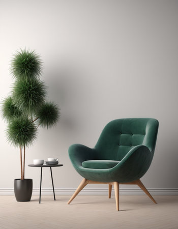 interior with green armchair, coffee table and plant. 3d illustrationの素材