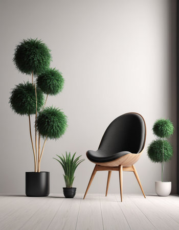 modern living room with black armchair and plant. 3d renderingの素材