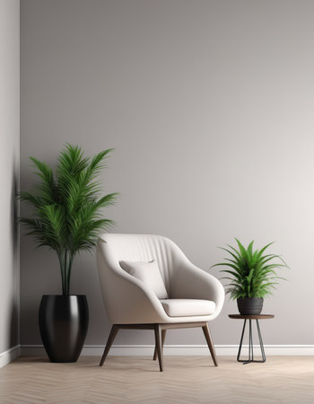 interior with white armchair and plant, 3d render illustrationの素材