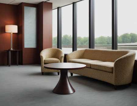Interior of a modern living room with brown walls, concrete floor, brown sofa and round coffee table. 3d renderingの素材