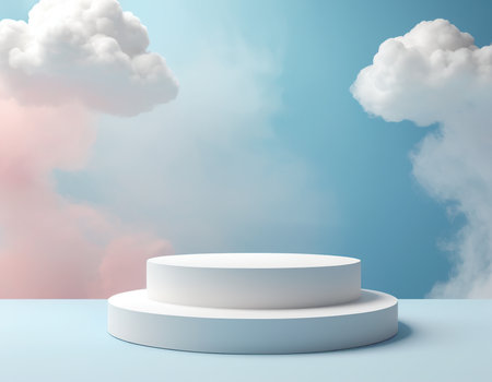 White podium on blue background with clouds. 3D rendering. Mock upの素材