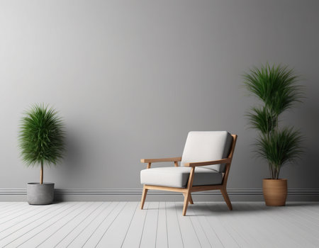 interior with armchair and plants, 3d render mock upの素材