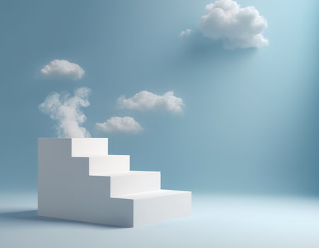 staircase to heaven with clouds on blue background, 3d renderの素材