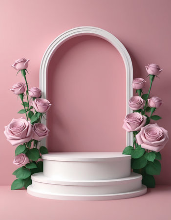 3d render of white podium with pink roses and arch on pink backgroundの素材