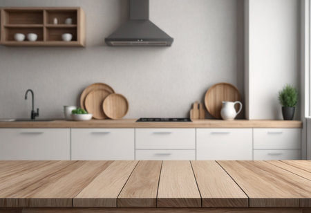 Empty wooden table in modern kitchen interior. Mock up, 3D Renderingの素材