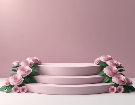 3d render of pink podium with roses and leaves for product displayの素材