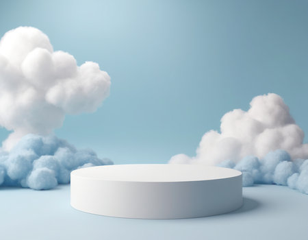 Minimal scene with white podium, clouds and blue background. 3D renderingの素材