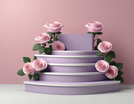 3d render of podium with pink roses on a pastel backgroundの素材
