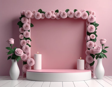 3d render of a pink background with a frame of roses and candlesの素材