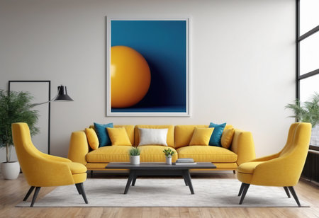 Interior of modern living room with yellow sofa. 3d renderingの素材