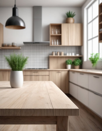 Close up of wooden table in modern kitchen. 3D Renderingの素材