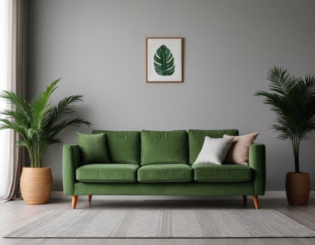 Interior of modern living room with green sofa and plants. 3d renderの素材