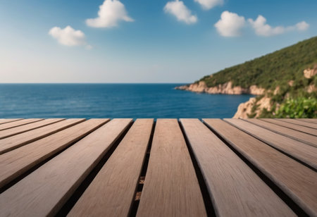 Wooden floor in front of the sea with blue sky background.の素材