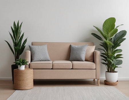 Living room interior with beige sofa and plants. 3d renderの素材