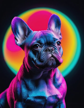 French bulldog on black background in neon light, studio shotの素材