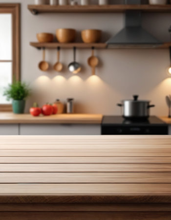 Empty wooden table and blurred kitchen interior background, product display montageの素材
