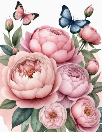 Peony flowers with butterflies. Watercolor illustration. Floral background.の素材
