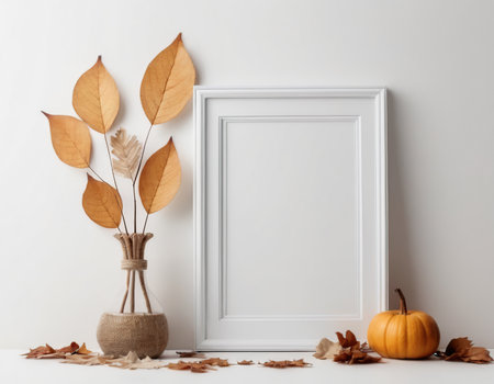 White frame mockup with autumn leaves and pumpkins. 3d renderingの素材