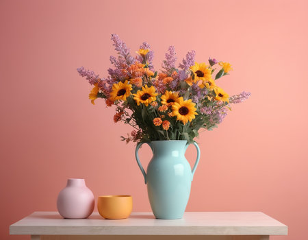 Vase with beautiful bouquet of flowers on table against color backgroundの素材