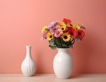 Vase with beautiful flowers on table against color wall. Space for textの素材