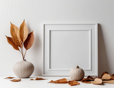 White frame mockup in interior with autumn leaves. 3d renderの素材