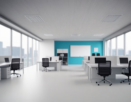 Interior of modern office with blue and white walls, concrete floor, rows of white computer tables with white chairs and white mock up poster. 3d renderingの素材