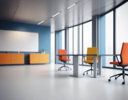 Modern office interior with orange and blue chairs. 3D Renderingの素材