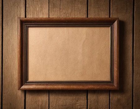 Old picture frame on vintage wood wall. Ready for your design.の素材