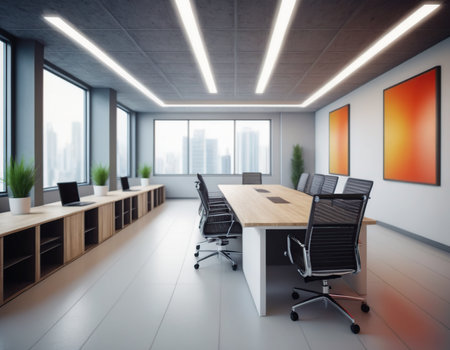 Modern conference room interior with city view and daylight. 3D Renderingの素材