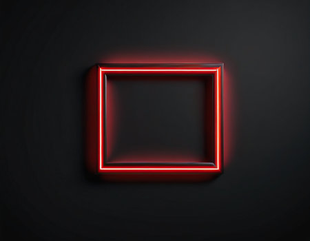 Neon square frame with red glow on black background. Vector illustrationの素材