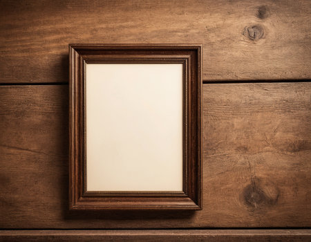 Old picture frame on vintage wood wall. Frame on old wood wall.の素材