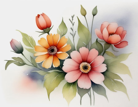 Flowers in watercolor style on white background. Handmade.の素材