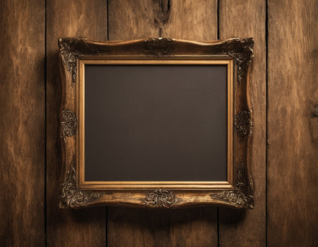 Old picture frame on vintage wood wall background, copy space for add text.の素材