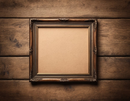 Old picture frame on wooden background. Vintage style toned picture frame.の素材