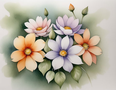 Beautiful bouquet of flowers on the watercolor background. Hand-drawn illustration.の素材