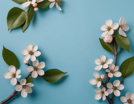Spring flowers on blue background. Flat lay, top view, copy spaceの素材