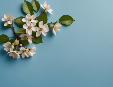 Flowering branch of cherry on a blue background with copy spaceの素材