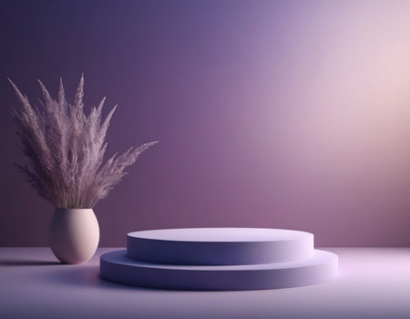 3d render, abstract minimal scene with podiums and pampas grassの素材
