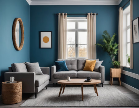 Interior of modern living room with blue walls, sofa and coffee tableの素材