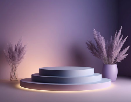 Pampas grass in vase and round podium on violet background. 3D renderingの素材
