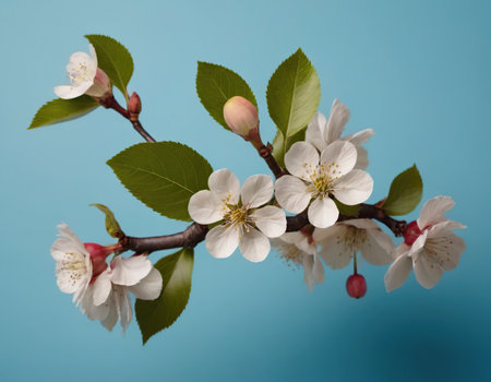 cherry blossom on a blue background, closeup of photoの素材