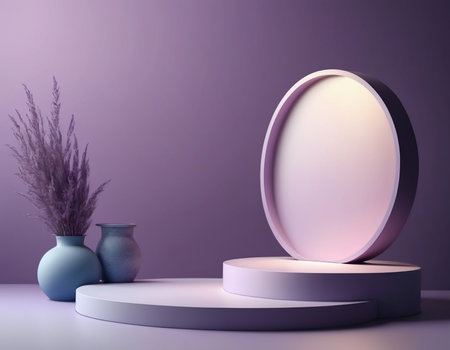 Minimal scene with round podium and vase. 3D renderingの素材