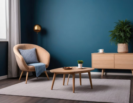 Interior of living room with armchair, coffee table and plantの素材