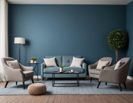 Interior of modern living room with blue wall, sofa and armchairsの素材