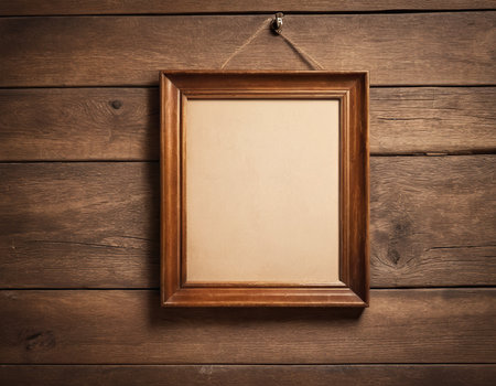 Blank picture frame hanging on a wooden wall. Vintage style.の素材