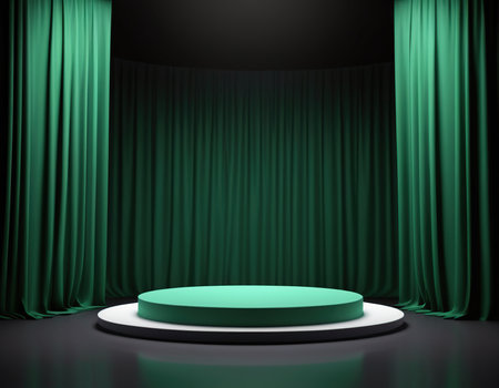 Green velvet curtain and round podium on black background. 3d renderの素材