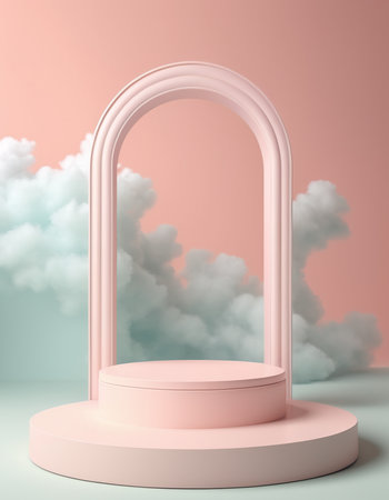 3d render, abstract minimal scene with geometrical forms, podium for your design, pink background with cloudsの素材