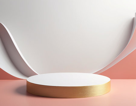 3d render of abstract minimal geometric forms. Glossy golden podium for your design.の素材